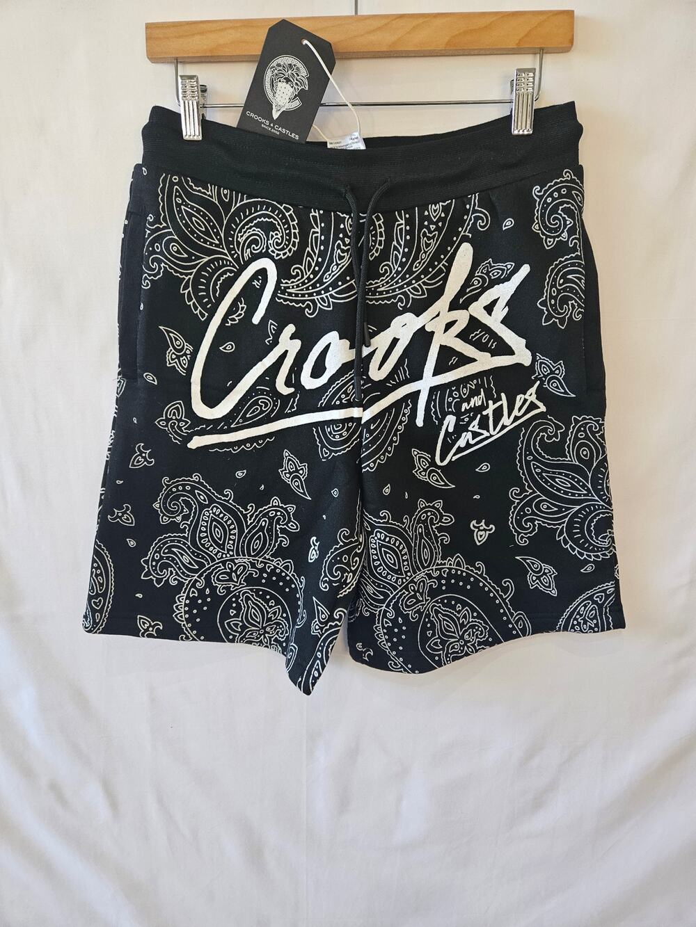 Crooks & Castles Sweat Shorts Graphic Black White Small